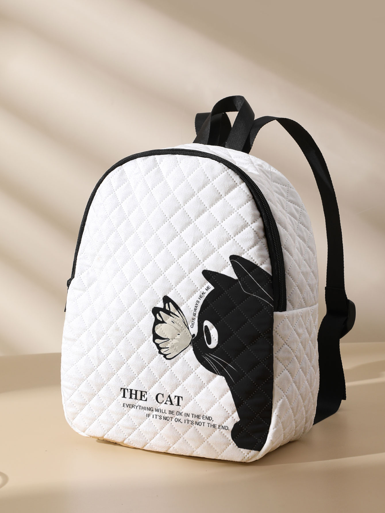 Mini Backpack Purse - Siyah Kedi Kelebek Desenli Kapitone Kompakt